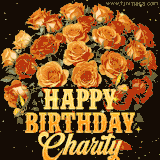 Animated bouquet of orange roses with moving butterfles and golden 'Happy Birthday Charity' text, surrounded by sparkling accents and a dark backdrop for a luxurious feel.