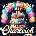 Hand-drawn happy birthday cake adorned with an arch of colorful balloons - name GIF for Charleigh