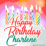 Bright birthday candles with rainbow flames on a cake, alongside the text 'Happy Birthday Charlene' in vibrant script in this celebratory animated GIF.