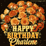 Animated bouquet of orange roses with moving butterfles and golden 'Happy Birthday Charlene' text, surrounded by sparkling accents and a dark backdrop for a luxurious feel.