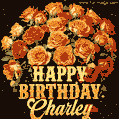 Beautiful bouquet of orange and red roses for Charley, golden inscription and twinkling stars