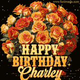 Animated bouquet of orange roses with moving butterfles and golden 'Happy Birthday Charley' text, surrounded by sparkling accents and a dark backdrop for a luxurious feel.