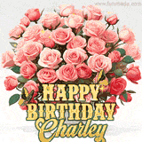 Golden 'Happy Birthday Charley' text beneath a vibrant bouquet of orange roses, complete with glittering butterflies and sparkling details.