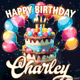 Bright birthday animation for Charley with a chocolate cake, candles, balloons, and glowing celebratory lights.