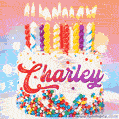 Personalized for Charley elegant birthday cake adorned with rainbow sprinkles, colorful candles and glitter