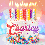 A cheerful white birthday cake with multicolor sprinkles, lit candles, and 'Charley' written in vibrant letters, in an animated GIF.