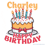 Cartoon birthday cake with a red bow, glowing candles, and 'Charley Happy Birthday' text in bold animated style.