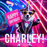 Animated GIF of a cool dog wearing a suit and sunglasses, holding a 'Happy Birthday' sign for Charley, set against a bright and colorful neon party background.