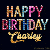 Vibrant luxury birthday greeting card for Charley, showing glittering gemstone letters and golden calligraphy on a dark background with twinkling shine effects.