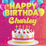 Pink-themed animated greeting with balloons, confetti, and a frosted cake under the message 'Happy Birthday Charley' in bold rounded yellow font.