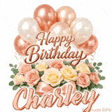 Classy Happy Birthday Charley looping GIF with pastel balloons and greenery
