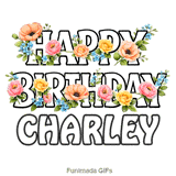 Animated text saying Happy Birthday Charley intertwined with beautiful pink and yellow roses