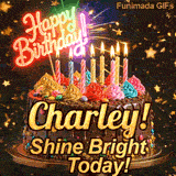 Yellow script spelling the name Charley! on a classic chocolate cake under warm glowing candles and falling gold stars.
