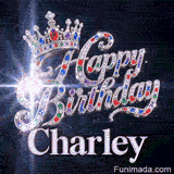 A brilliant white lens flare bursting from a diamond-encrusted Happy Birthday message with Charley's name at the bottom.
