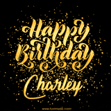 Animated GIF with colorful, festive 'Happy Birthday Charley' text decorated with patterns, a party hat, and falling confetti. A vibrant and cheerful design for birthday celebrations.