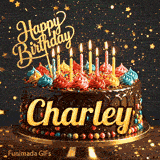 An animated birthday card featuring a detailed chocolate cake under falling gold dust, personalized for Charley.