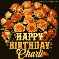 Beautiful bouquet of orange and red roses for Charli, golden inscription and twinkling stars