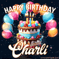Hand-drawn happy birthday cake adorned with an arch of colorful balloons - name GIF for Charli