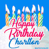A cheerful animated GIF featuring colorful lit birthday candles on a white cake, with the text 'Happy Birthday Charlton' in bold red and blue script on a bright blue background.