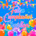 A vibrant animated GIF with 'Feliz Cumpleaños Charlton' written in colorful script, surrounded by balloons, confetti, and bunting on a bright blue background.