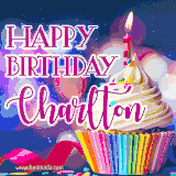 A festive animated GIF featuring a colorful cupcake with a single lit candle, sprinkles, and 'Happy Birthday Charlton' text against a sparkling, celebratory background.