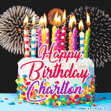 A lively happy birthday animated GIF showcasing a colorful birthday cake covered in sprinkles, topped with glowing candles, and surrounded by vibrant fireworks. The name 'Charlton' is featured in elegant script.