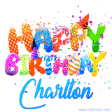 Animated GIF with colorful, festive 'Happy Birthday Charlton' text decorated with patterns, a party hat, and falling confetti. A vibrant and cheerful design for birthday celebrations.