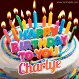 A colorful birthday cake topped with lit candles, with the words 'Happy Birthday Charlye' in bold glowing letters on a burgundy background. Animated flames add a festive touch.