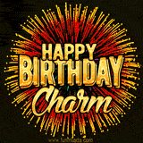 Golden 'Happy Birthday Charm' text accompanied by animated rainbow fireworks for a festive animated greeting.