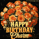 Animated bouquet of orange roses with moving butterfles and golden 'Happy Birthday Charm' text, surrounded by sparkling accents and a dark backdrop for a luxurious feel.