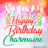 Bright birthday candles with rainbow flames on a cake, alongside the text 'Happy Birthday Charmaine' in vibrant script in this celebratory animated GIF.