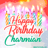 Bright birthday candles with rainbow flames on a cake, alongside the text 'Happy Birthday Charmian' in vibrant script in this celebratory animated GIF.