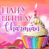 A vibrant birthday GIF featuring a rainbow-colored cupcake topped with white frosting, sprinkles, and a lit candle. The text reads 'Happy Birthday Charmian' in bold pink and violet letters with white outline.