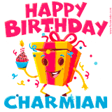A vibrant and funny gift box character with a happy face dancing with a cupcake and the text 'Happy Birthday Charmian,' surrounded by animated confetti and party vibes.