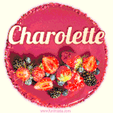Beautifully decorated red velvet berry birthday cake with vibrant fruits and a glowing 'Charolette' name, adding a touch of sweetness and sparkle.