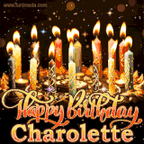 A glowing personalized birthday GIF with name Charolette featuring lit candles with intricate designs, warm lighting, and the text 'Happy Birthday' in an elegant font.