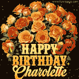 Animated bouquet of orange roses with moving butterfles and golden 'Happy Birthday Charolette' text, surrounded by sparkling accents and a dark backdrop for a luxurious feel.