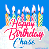 A cheerful animated GIF featuring colorful lit birthday candles on a white cake, with the text 'Happy Birthday Chase' in bold red and blue script on a bright blue background.