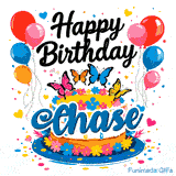 A birthday cake on a blue plate decorated with multi-colored flowers and balloons, personalized for Chase.
