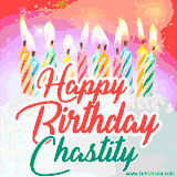 Bright birthday candles with rainbow flames on a cake, alongside the text 'Happy Birthday Chastity' in vibrant script in this celebratory animated GIF.