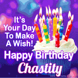 A colorful birthday GIF for Chastity featuring a cupcake with vibrant lit candles and the text 'It's Your Day to Make a Wish! Happy Birthday Chastity' in bold letters on a festive purple background.