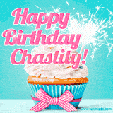 A festive cupcake with pink icing, a gingham bow, and a lit animated sparkler, paired with 'Happy Birthday Chastity!' in bright pink text.