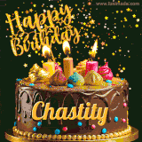 A delightful chocolate birthday cake with bright candles and 'Happy Birthday Chastity' written in gold amidst a shower of animated stars.