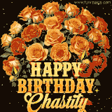 Animated bouquet of orange roses with moving butterfles and golden 'Happy Birthday Chastity' text, surrounded by sparkling accents and a dark backdrop for a luxurious feel.