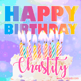 A vibrant animated name GIF with the words 'Happy Birthday Chastity' with colorful candles on a creamy cake. The background sparkles with pastel shades, adding a festive touch.