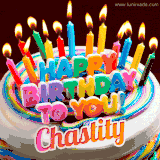 A colorful birthday cake topped with lit candles, with the words 'Happy Birthday Chastity' in bold glowing letters on a burgundy background. Animated flames add a festive touch.
