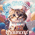 Happy birthday gif for Chauncey with cat and cake