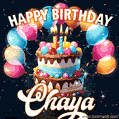 Hand-drawn happy birthday cake adorned with an arch of colorful balloons - name GIF for Chaya