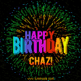 A colorful animated GIF featuring the text 'Happy Birthday Chaz!' in rainbow colors with a dynamic iridescent firework display in the background.