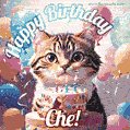 Happy birthday gif for Che with cat and cake